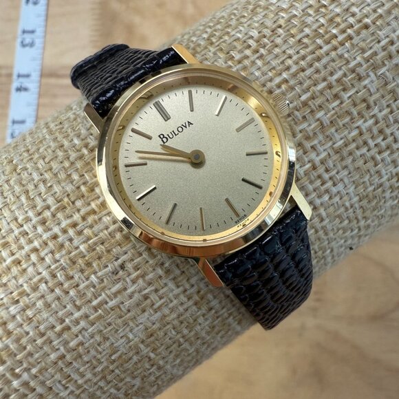 Bulova Gold-Tone Black Leather Analog Ladies Watch NOT TESTED - Picture 2 of 9